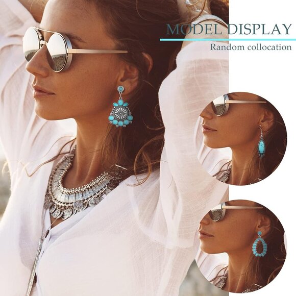 12 Pairs Turquoise Earrings Set Boho Dangle Studs for Women Stylish Jewelry - Picture 4 of 5